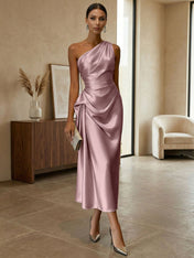 Champagne Ruched Satin One Shoulder Sleeveless Sheath Midi Dress