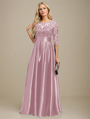A-line Scoop Illusion Floor-Length Stretch Satin Lace Mother of the Bride Dress With Bow Sequins