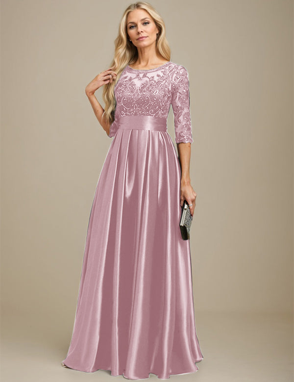 A-line Scoop Illusion Floor-Length Stretch Satin Lace Mother of the Bride Dress With Bow Sequins