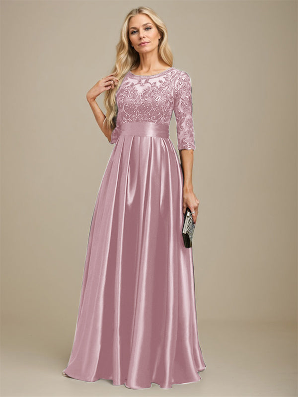 A-line Scoop Illusion Floor-Length Stretch Satin Lace Mother of the Bride Dress With Bow Sequins