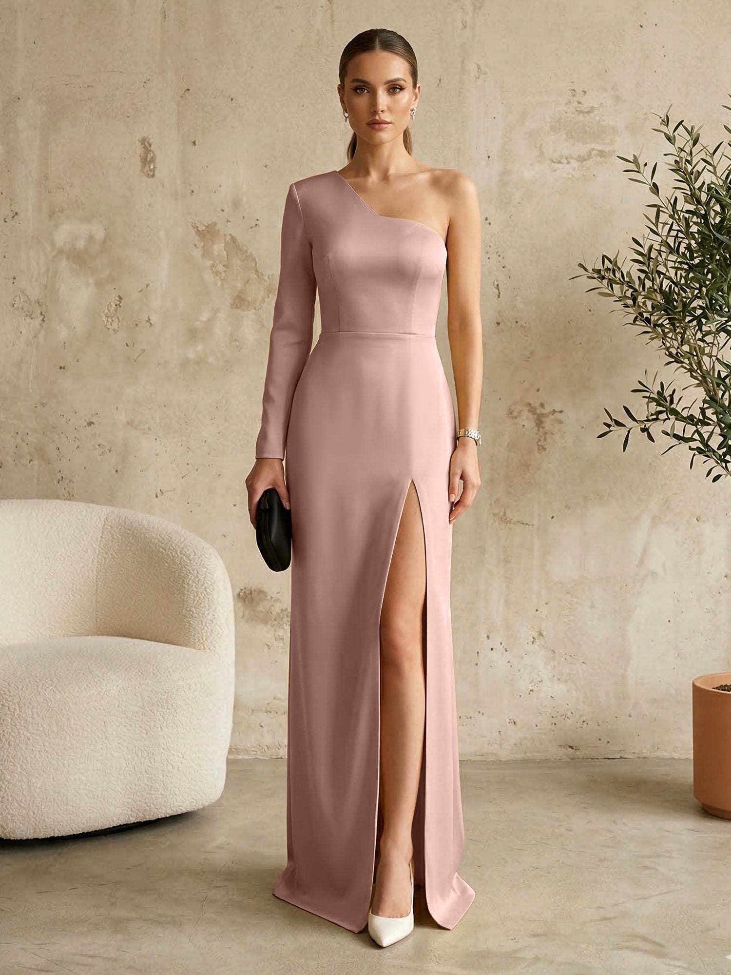 Long Sleeves Black One Shoulder Formal Dress Evening Gown