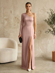 Long Sleeves Black One Shoulder Formal Dress Evening Gown