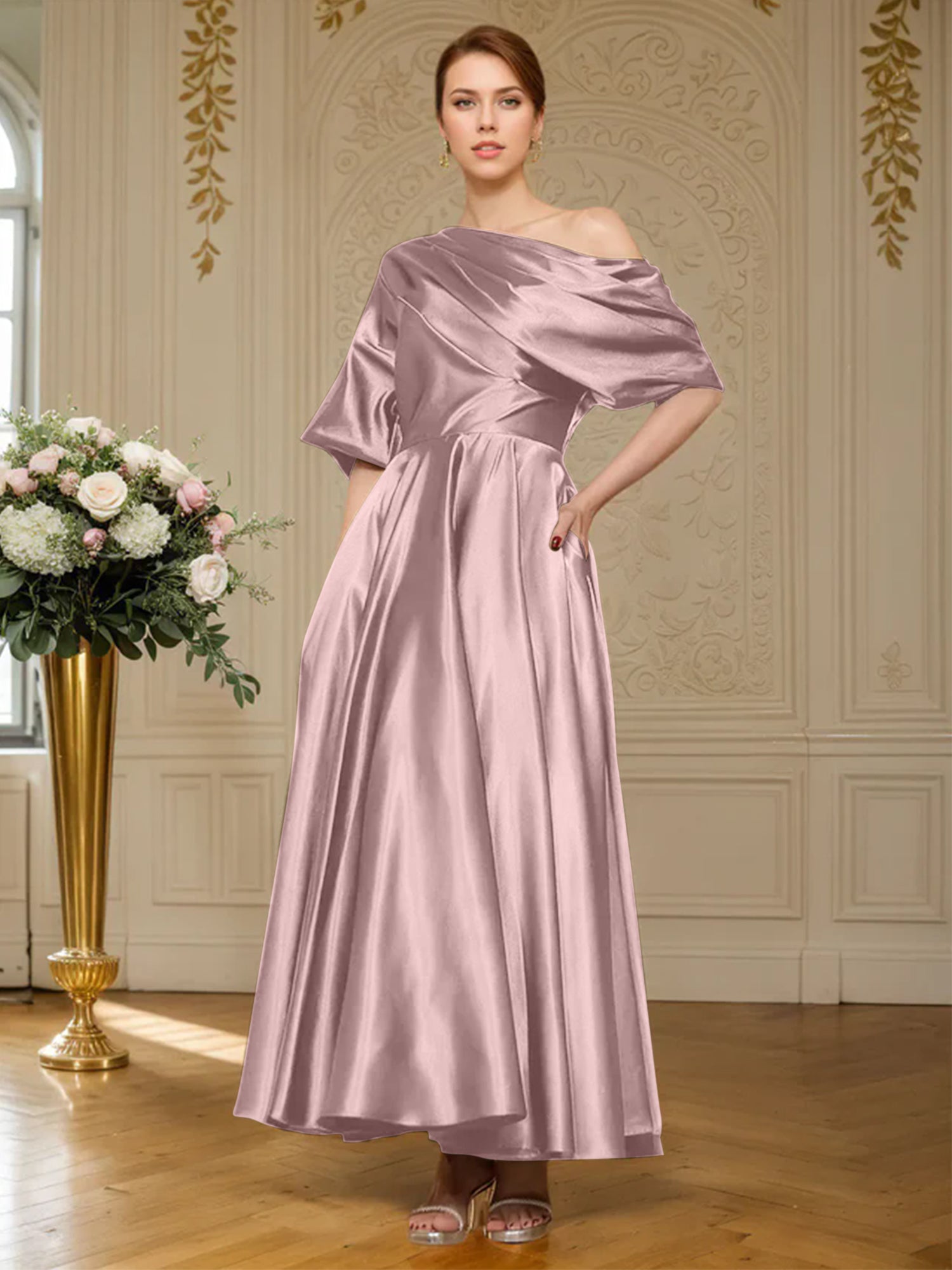 A-line Short Sleeves Pleated Ankle-Length Silk like Satin Mother of the Bride Dress