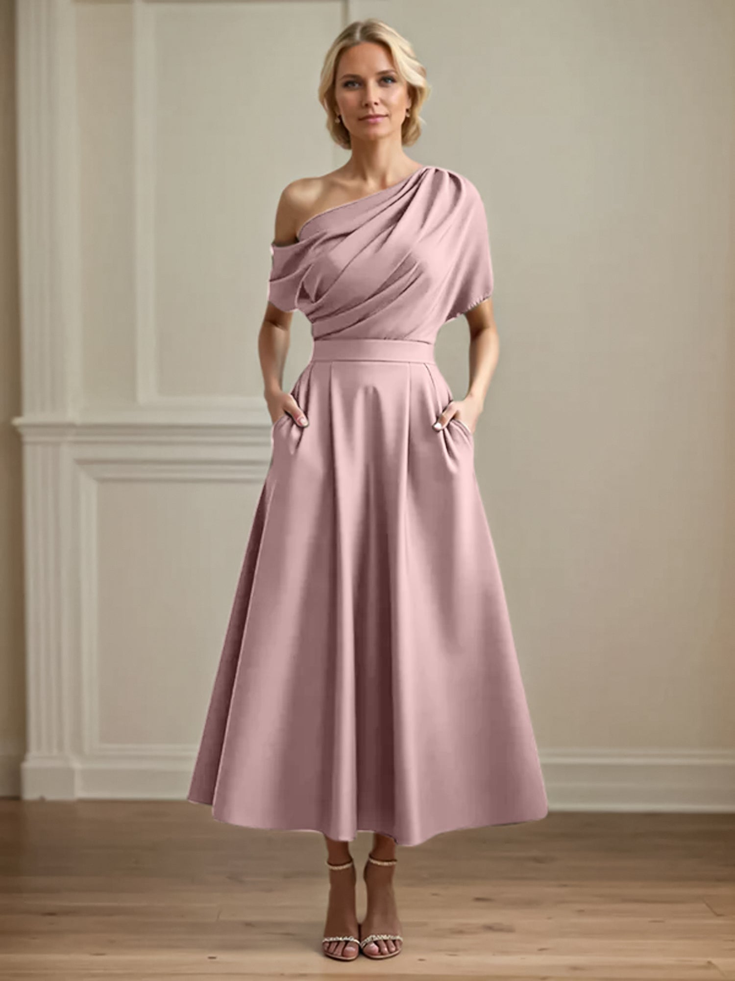 A Line Satin One Shoulder Pleated Ankle Length Mother of the Bride Dress