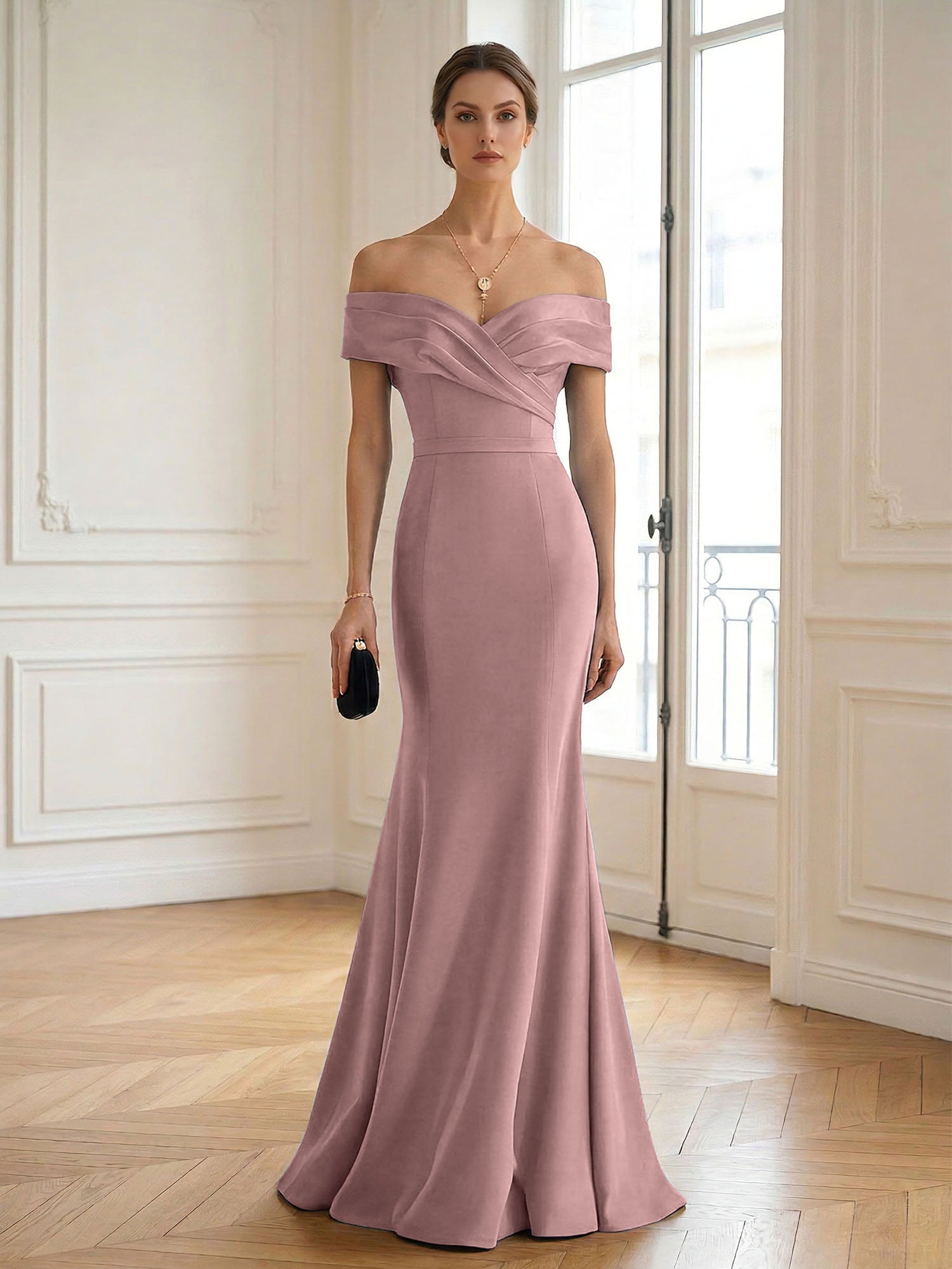 Formal Wedding Guest Dress Navy Off Shoulder Maxi Mermaid Dress