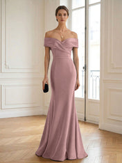 Formal Wedding Guest Dress Navy Off Shoulder Maxi Mermaid Dress