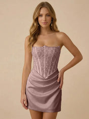 White Strapless Sequin Beaded Satin Short Homecoming Dress with Corset