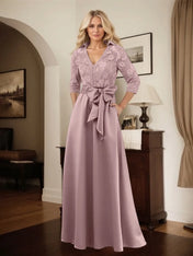Classic V-Neck Bow Accented Satin Mother Of The Bride Dress With Lace