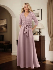 Classic V-Neck Bow Accented Satin Mother Of The Bride Dress With Lace