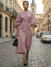 Loose Batwing Sleeve Dress Tight Waist Solid Color Elegant Dresses