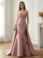 Lavender Satin 3D Floral Strapless A-Line Gown