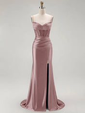 Sparkly Satin Mermaid Long Corset Prom Dress with Beading