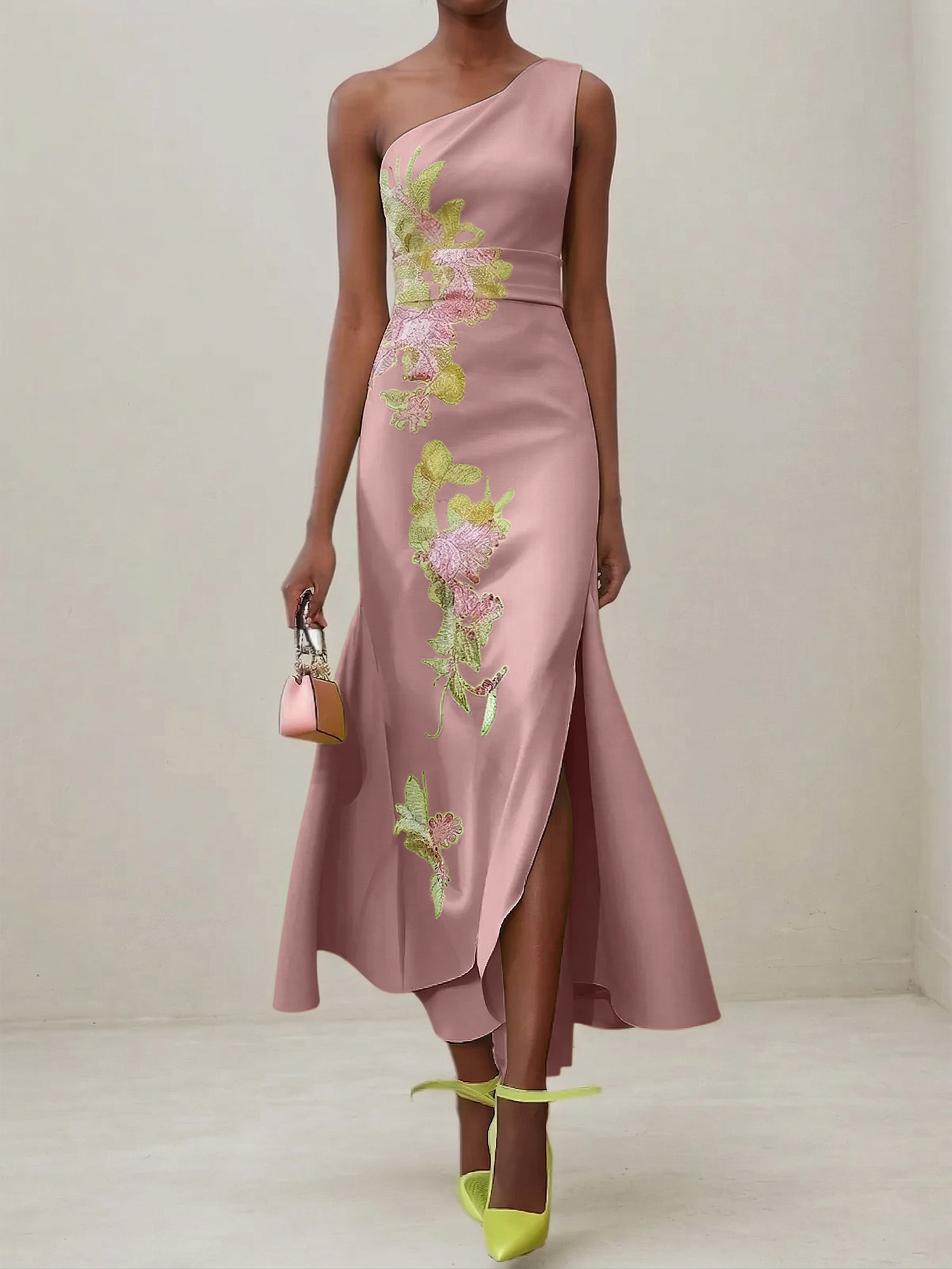 Green Floral One Shoulder Embroidered Cap Sleeve Slit Sheath Maxi Dress