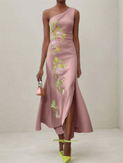 Green Floral One Shoulder Embroidered Cap Sleeve Slit Sheath Maxi Dress