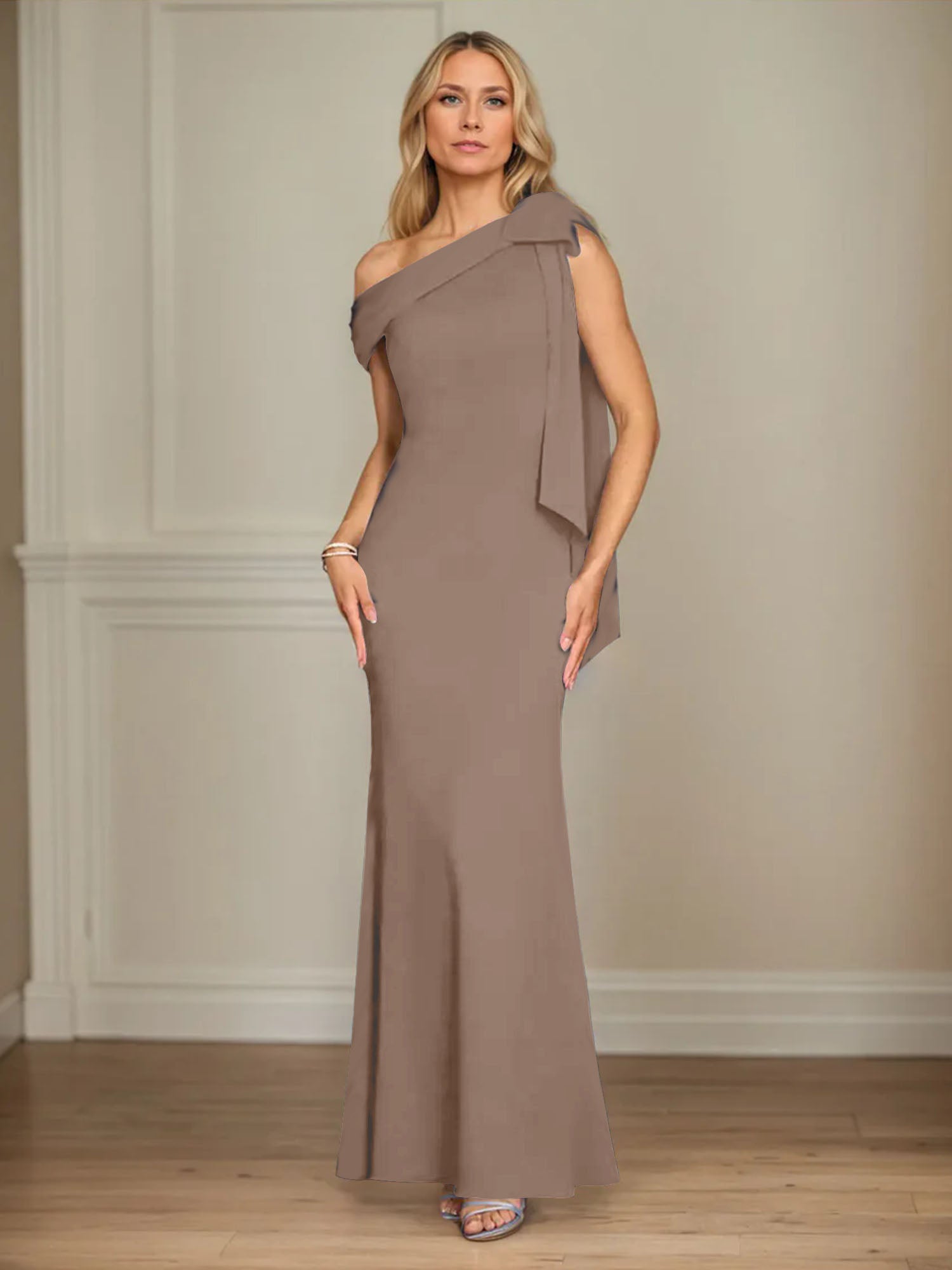 Mermaid One Shoulder Sleeveless Stretch Crepe Mother of the Bride Dress With Bow