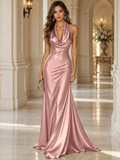Elegant and Luxurious Cowl-neck Champagne Gold Satin Maxi Dress