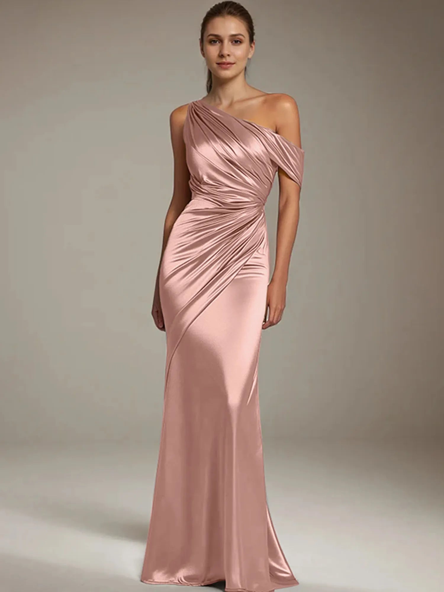 Formal Party Satin Dress Silver One-Shoulder Pleated  Floor-Length Dress