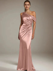 Formal Party Satin Dress Silver One-Shoulder Pleated  Floor-Length Dress