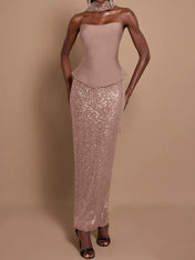 Off-Shoulder Bandage Top & Sequin Midi Skirt Set