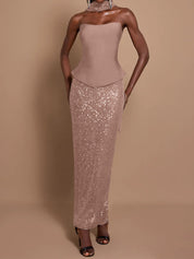 Off-Shoulder Bandage Top & Sequin Midi Skirt Set