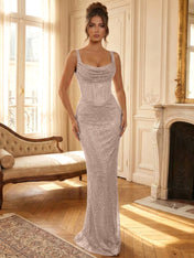 Sparkly Blue Shimmer Cowl Neck Corset Prom Dress