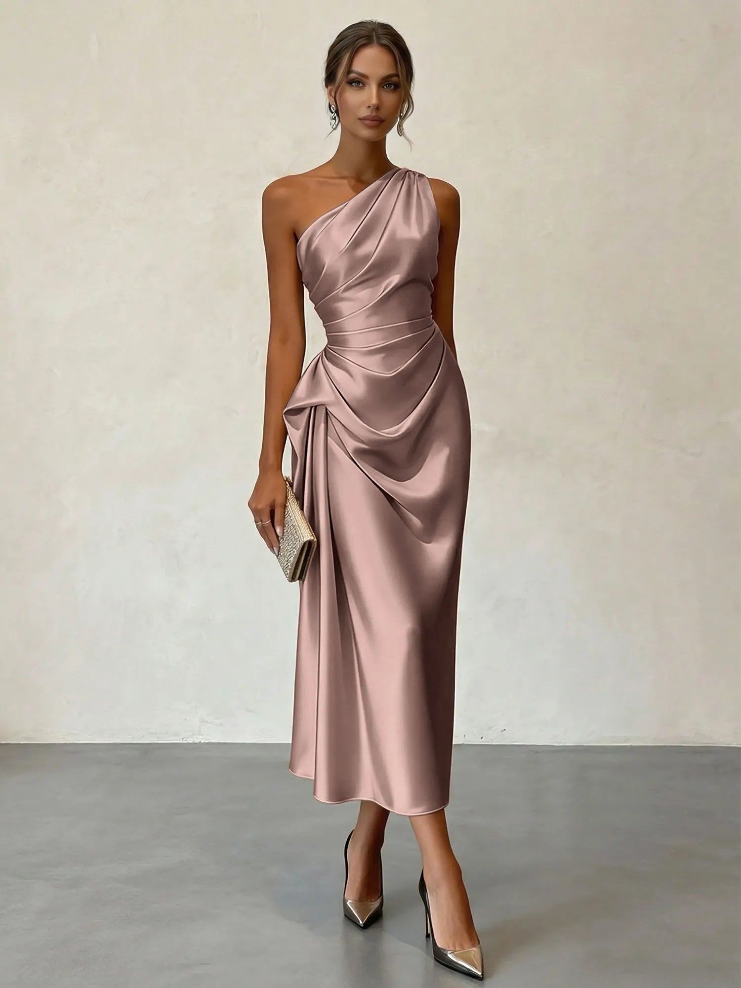 Champagne Ruched Satin One Shoulder Sleeveless Sheath Midi Dress