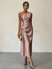 Champagne Ruched Satin One Shoulder Sleeveless Sheath Midi Dress