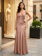 Green Appliques Soft Satin Long Prom Party Dress