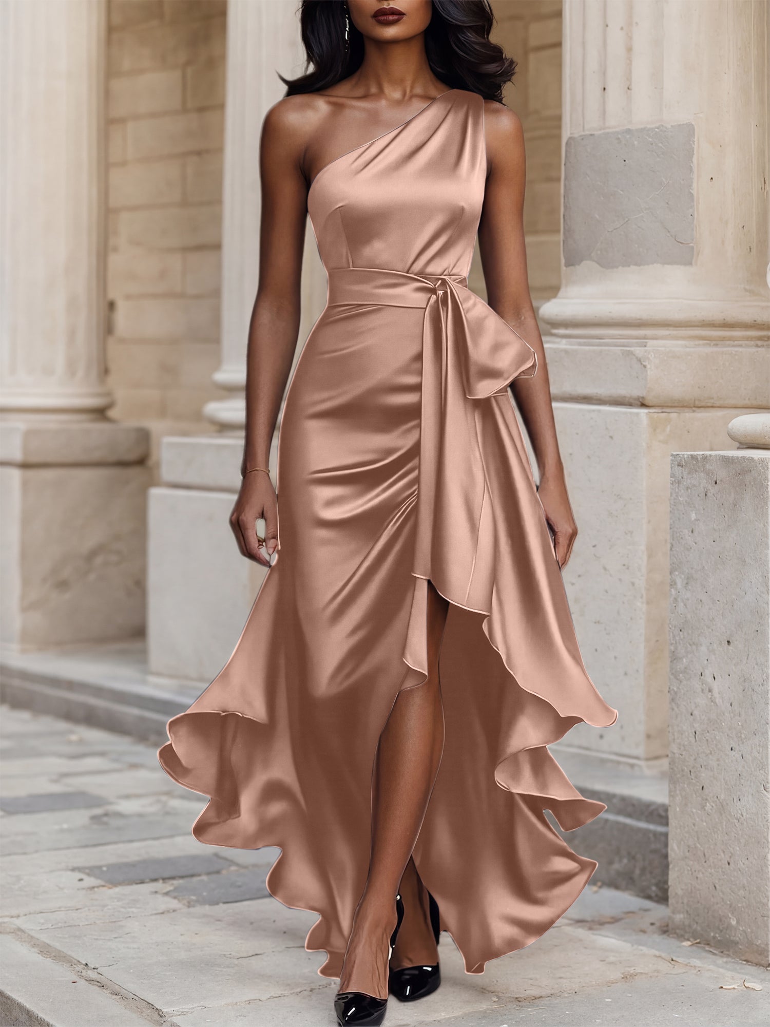 Glamorous Formal Dress Midnight Navy One Shoulder High-Low Satin Gown Midi Dress