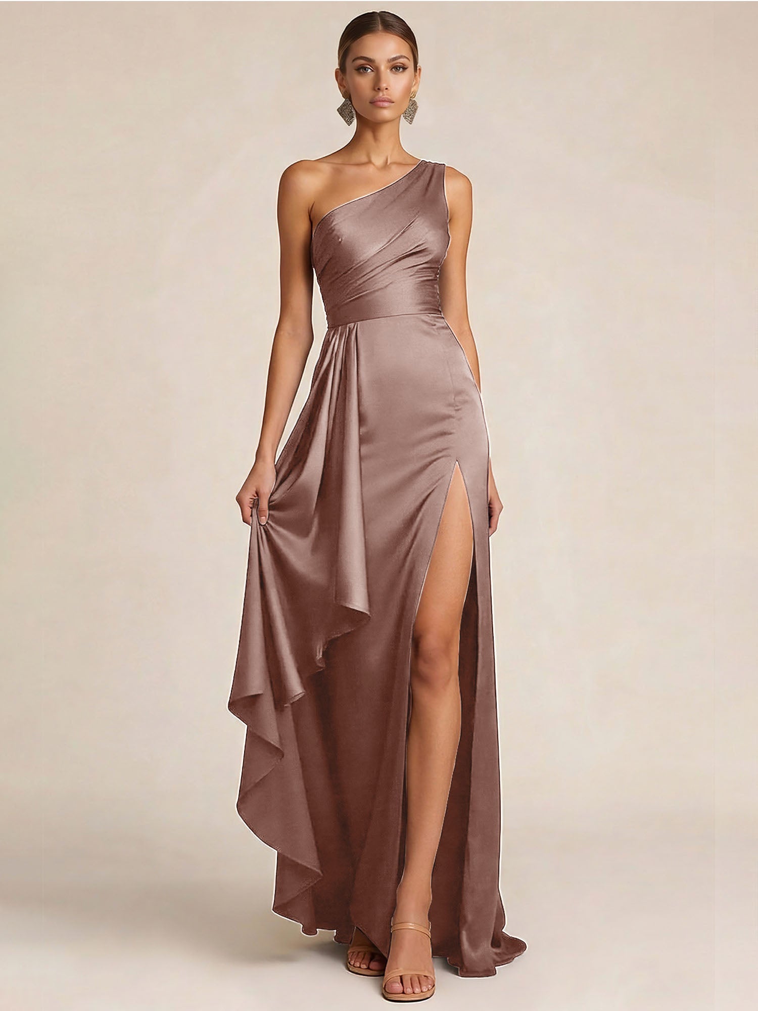 Sleek Foraml Evening Gown Midnight Navy One-Shoulder Satin Slit Maxi Dress