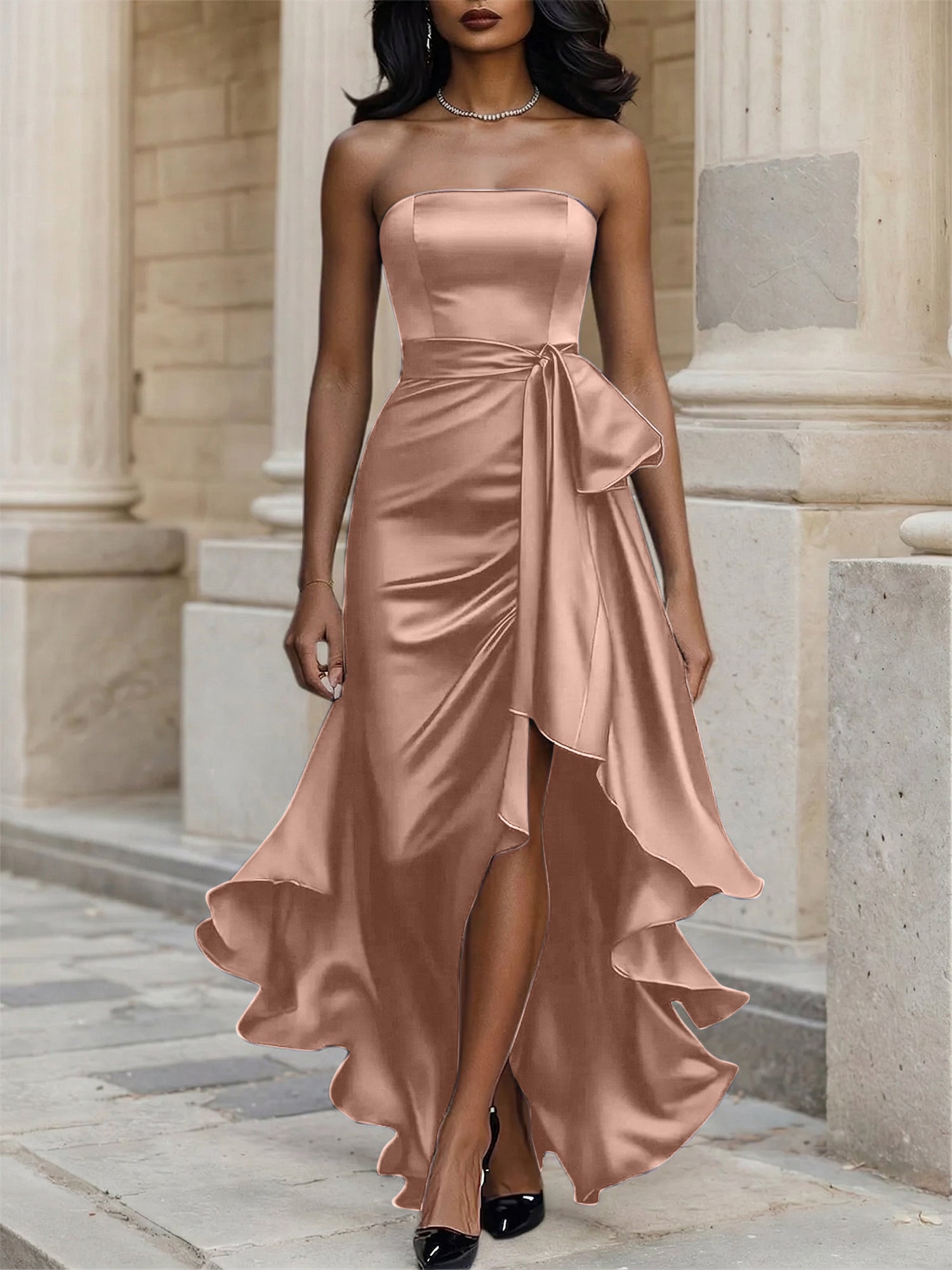 Glamorous Formal Dress Midnight Navy Strapless Satin Gown Midi Dress