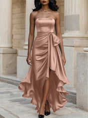 Glamorous Formal Dress Midnight Navy Strapless Satin Gown Midi Dress
