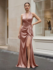 Navy Blue Halter V-Neck Satin Gown with Side Knot and High Slit Evening Dress