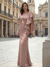 Elegant Formal Evening Dress Moonlight Silver Asymmetrical Ruffle Satin Gown