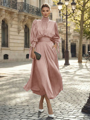 Sophisticated Emerald Green Satin High-Neck Midi Dress Gown