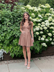 Blue A Line V-neck Beaded Back Tie Short Homecoming Mini Dress