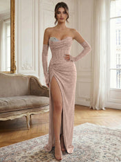 Blue Beaded Corset Long Prom Dress with Matching Gloves