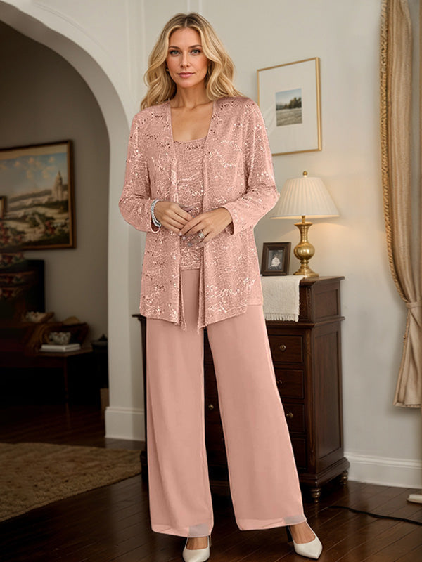 Chiffon Mother of the Bride Pantsuits with Jacket & Sequins
