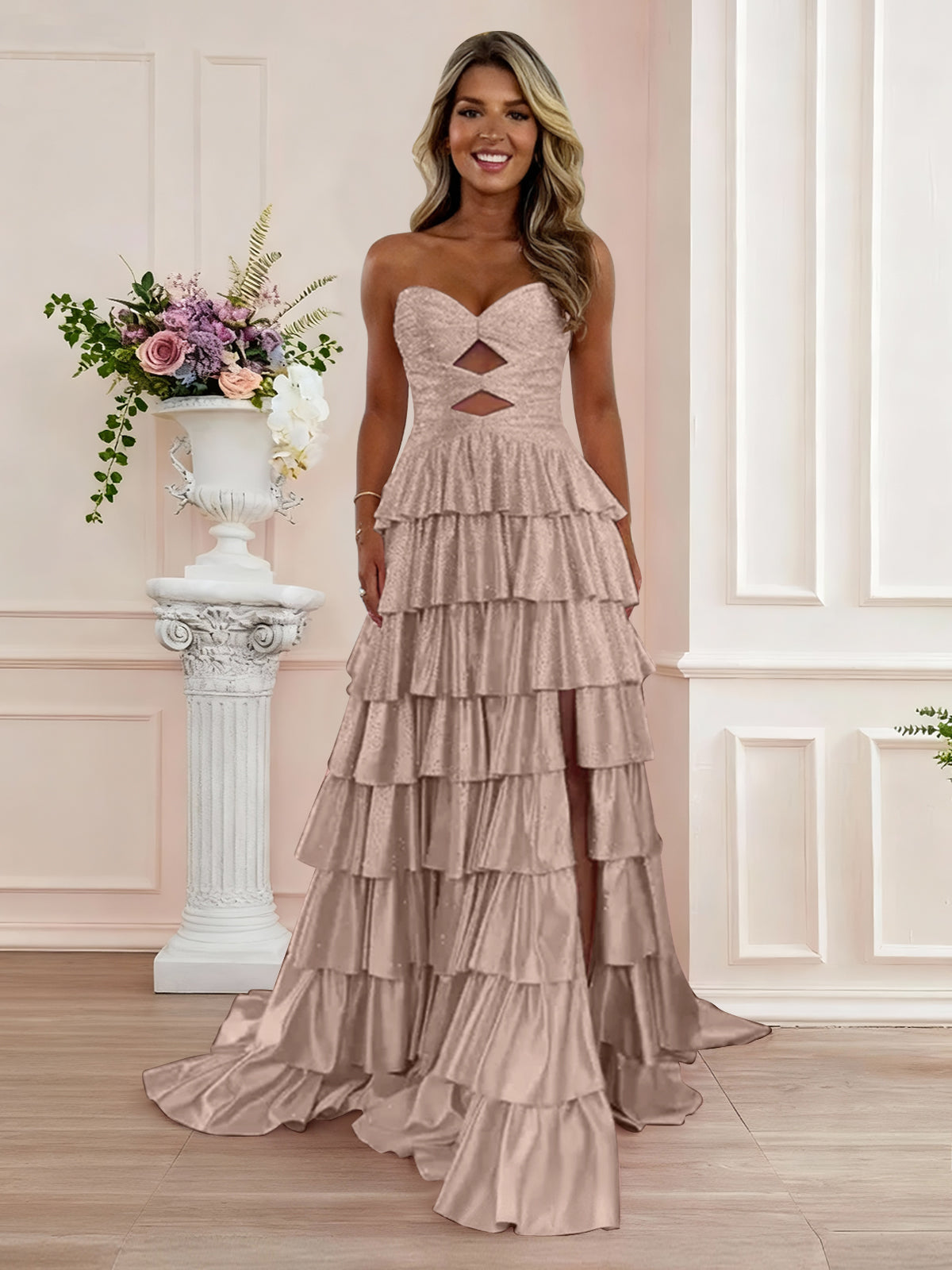 A Line Strapless Sweetheart Satin Prom Dress with Keyhole
