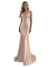 Blue Mermaid Spaghetti Straps V-Neck Rhinestone Long Prom Dress