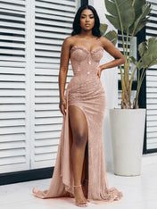 Glitter Orange Strapless Mermaid Sequined Long Prom Dress with Slit