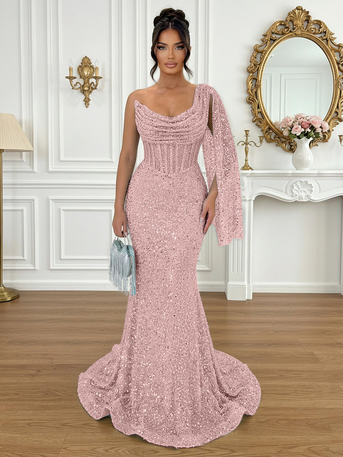 Glamorous Ice Blue One-Shoulder Sequin Corset Mermaid Prom Dresses