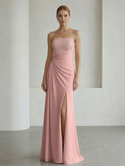 Glamorous Formal Evening Dress Soft Blush Beaded Strapless Slit Gown