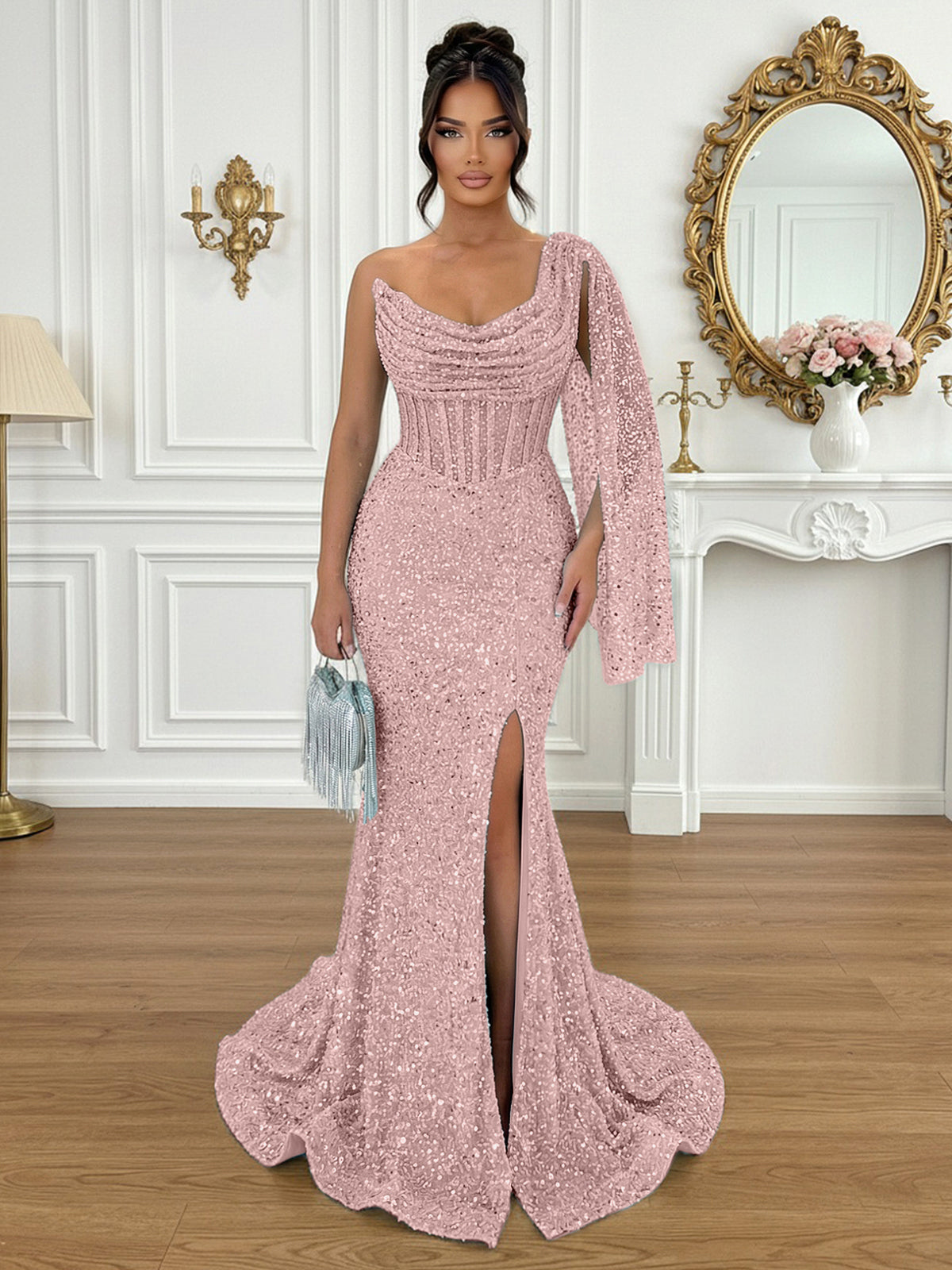 Glamorous Ice Blue One-Shoulder Sequin Corset Mermaid Prom Dresses with Slit