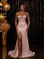 Strapless Sequin-Embellished Mermaid Prom Dress