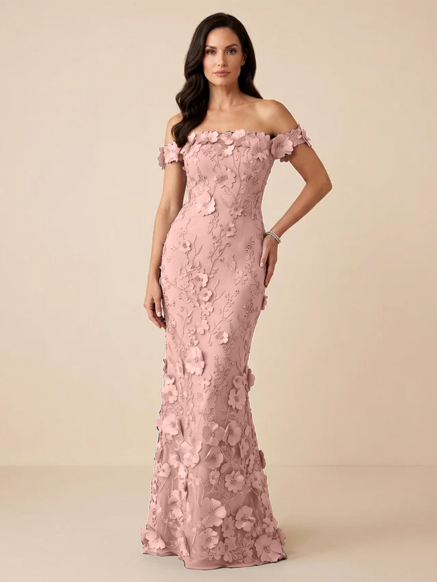Black Off-the-Shoulder 3D Floral Mermaid Formal Gown Evening Dress
