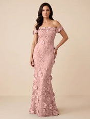 Black Off-the-Shoulder 3D Floral Mermaid Formal Gown Evening Dress