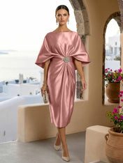Half Sleeves Mermaid Satin Tea Length Long Evening Dresses with 3D Flower