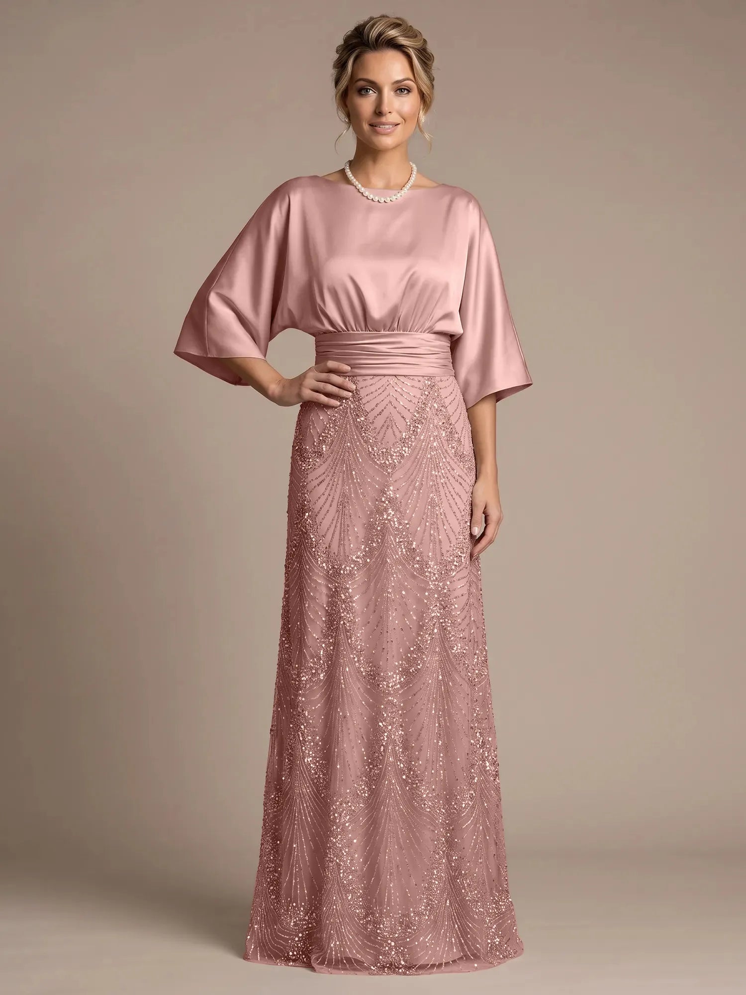 Bateau Neck Satin Evening Gown with 3/4 Batwing Sleeves Mother of The Bride Dresses