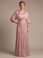 Bateau Neck Satin Evening Gown with 3/4 Batwing Sleeves Mother of The Bride Dresses